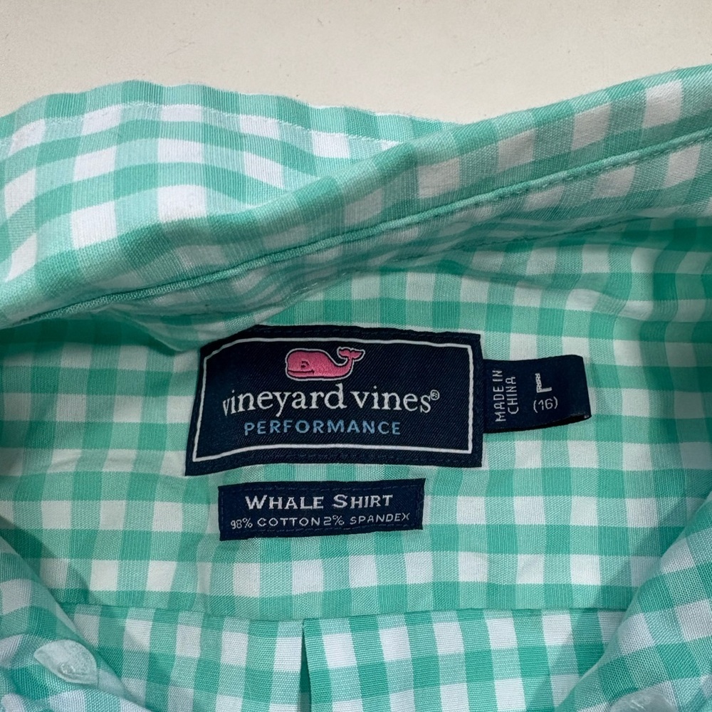Vineyard Vines Boys Gingham Checked Whale Button Down Green/white Size Large - Picture 5 of 5